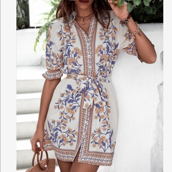 Boho Floral Print Puff Sleeves Tie Back Dress - Picture 2 of 8